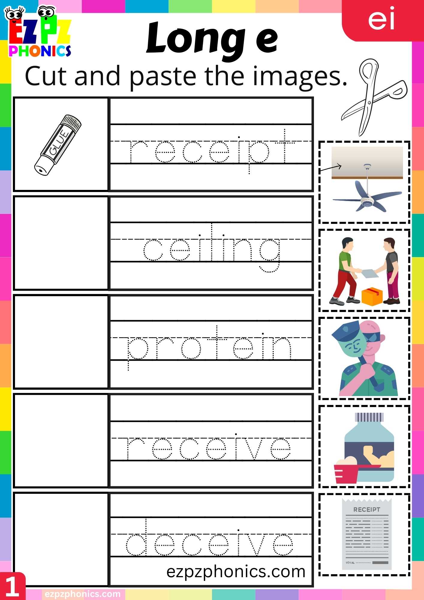 EI Words Cut And Paste The Images Long E Phonics Worksheet